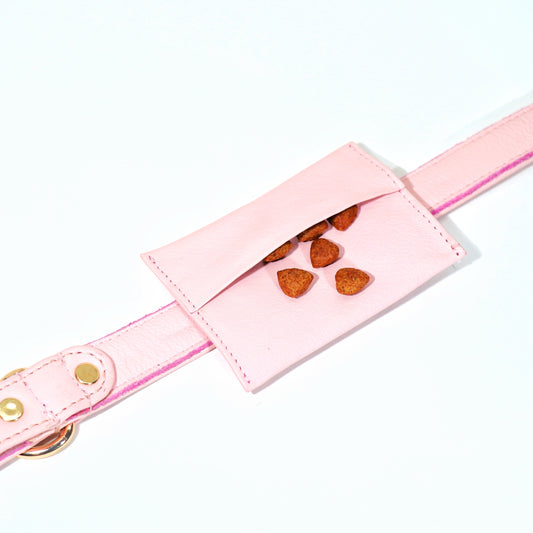 A pink dog treat pouch with a blush color, attached to a leash, containing dog treats.