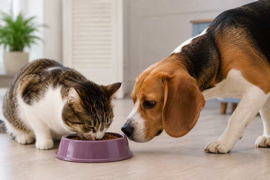 Dog sniffing cat's food 