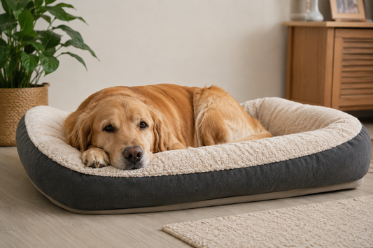 Dog resting on a cozy dog bed