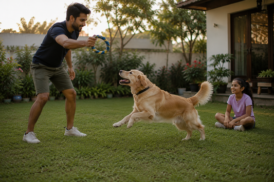 Man playing fetch with dog while girl watches in the backyard