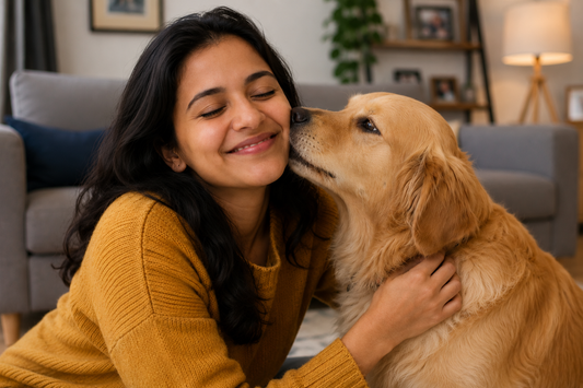 A dog licking his owner's face