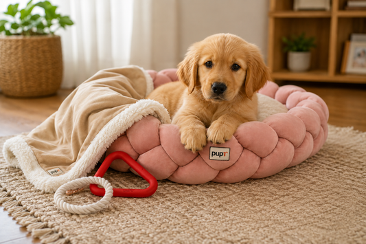 Puppy relaxing on a pink dog bed